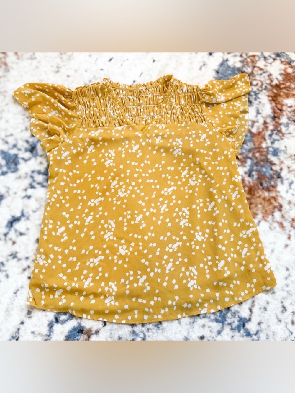 Mustard Yellow Smocked Flutter Sleeve Blouse with White floral Print 2XL